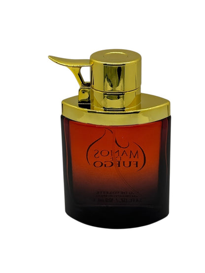 Paradime Enterprise LLC Manos De Fuego Caliente 3.4 oz EDT spray in a dark amber glass bottle with a gold cap.