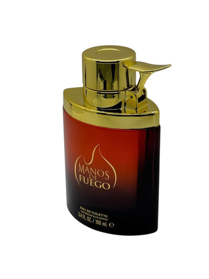 Paradime Enterprise LLC Manos De Fuego Caliente 3.4 oz EDT spray bottle with a red glass body and gold cap.