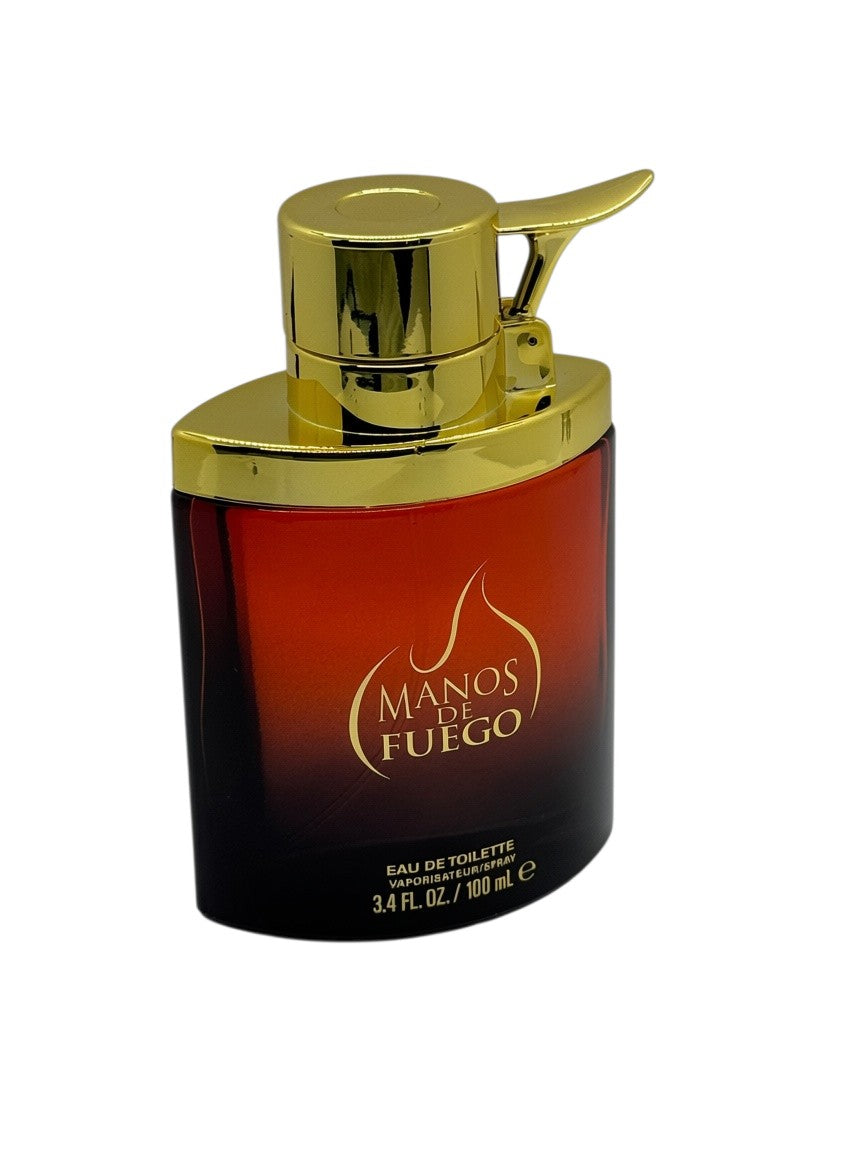 Paradime Enterprise LLC Manos De Fuego Caliente 3.4 oz EDT men's fragrance in a red glass bottle with gold cap.