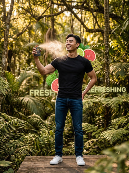 Paradime Enterprise LLC English Laundry Midnight Gold cologne sprayed by a man in a lush, sunlit tropical forest.