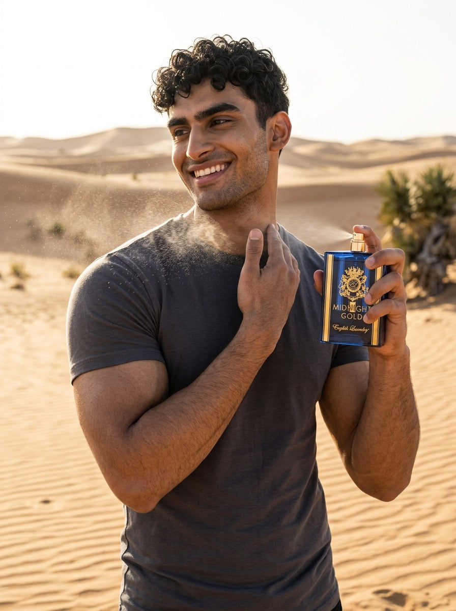 A man smiling while applying Paradime Enterprise LLC English Laundry Midnight Gold cologne in a desert landscape.