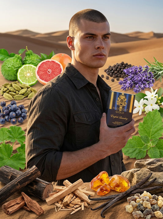 Paradime Enterprise LLC English Laundry Midnight Gold fragrance bottle held by a man in a desert setting with ingredients