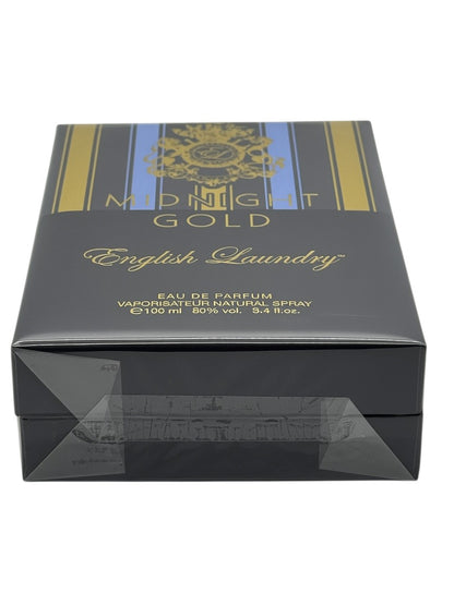 Paradime Enterprise LLC English Laundry Midnight Gold Eau de Parfum 3.4 oz box with black, gold, and blue accents.