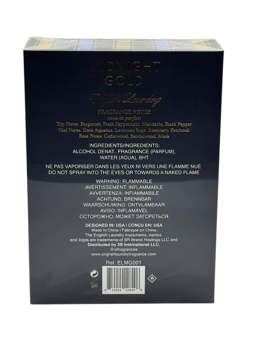 Paradime Enterprise LLC English Laundry Midnight Gold perfume box back view with fragrance notes and ingredients list