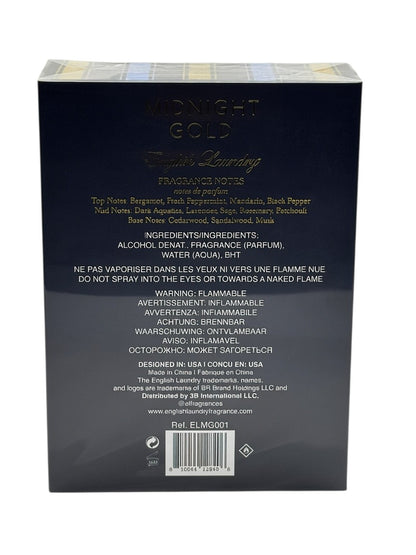 Paradime Enterprise LLC English Laundry Midnight Gold perfume box back view with fragrance notes and ingredients list