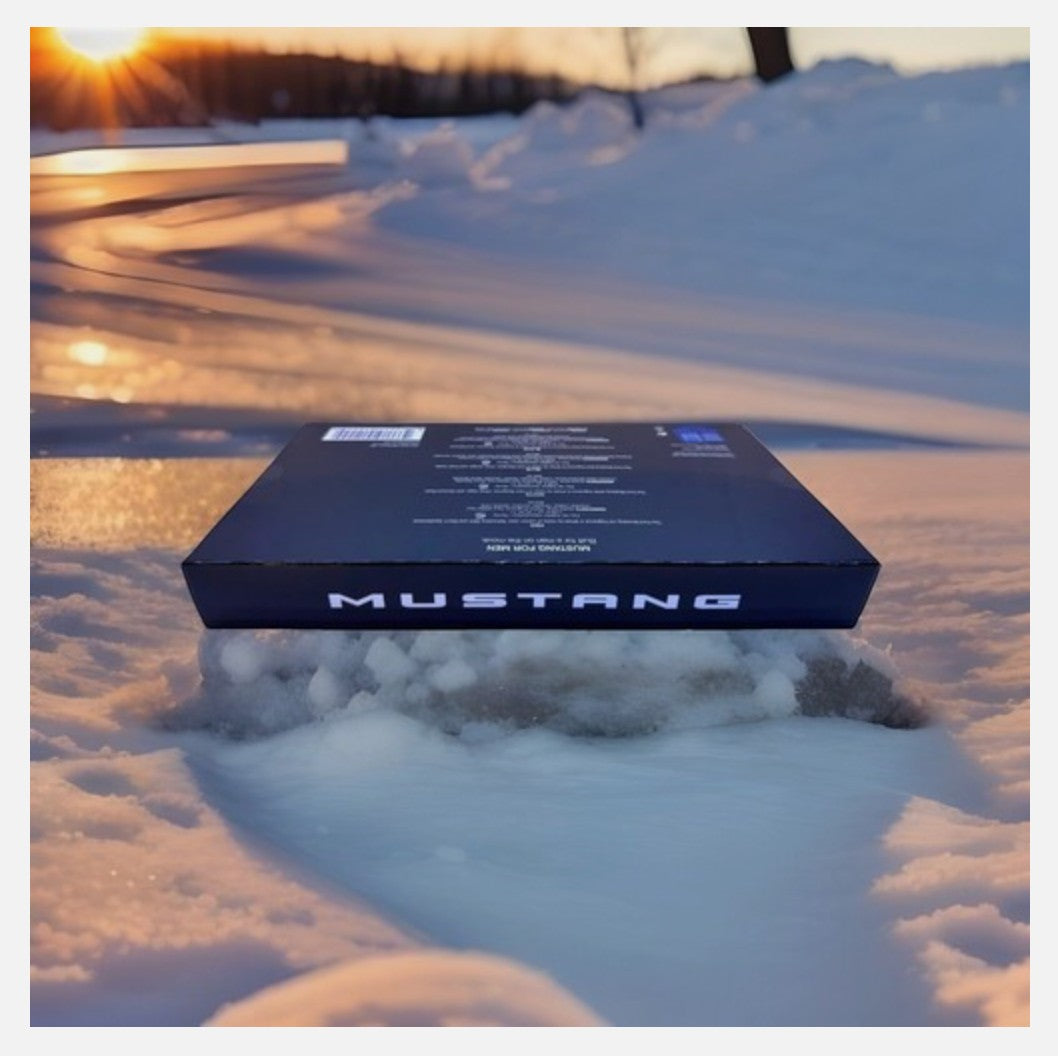 Paradime Enterprise LLC Mustang 4-piece fragrance gift set box resting on snowy ground at sunset