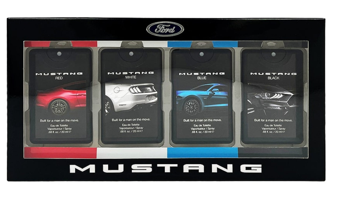 Paradime Enterprise LLC Mustang 4-piece fragrance gift set featuring red, white, blue, and black EDT spray bottles.