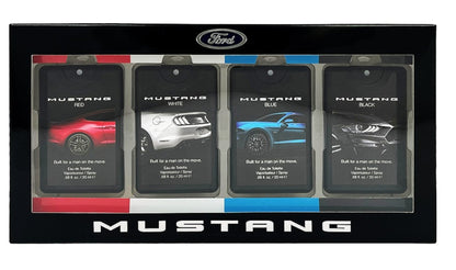 Paradime Enterprise LLC Mustang 4-piece fragrance gift set featuring red, white, blue, and black EDT spray bottles.