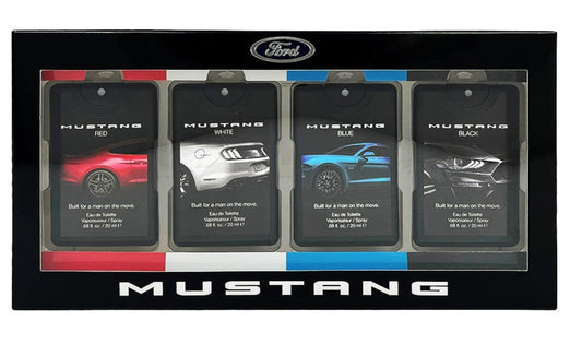 Paradime Enterprise LLC Mustang 4-piece fragrance gift set featuring red, white, blue, and black EDT spray bottles.