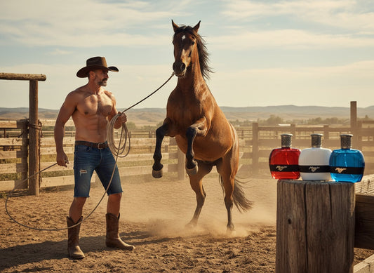 Paradime Enterprise LLC Mustang 3-piece fragrance gift set with red, white, and blue bottles next to a cowboy and horse