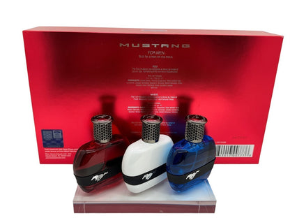 Paradime Enterprise LLC Mustang 3-piece fragrance gift set featuring red, white, and blue glass EDT bottles.