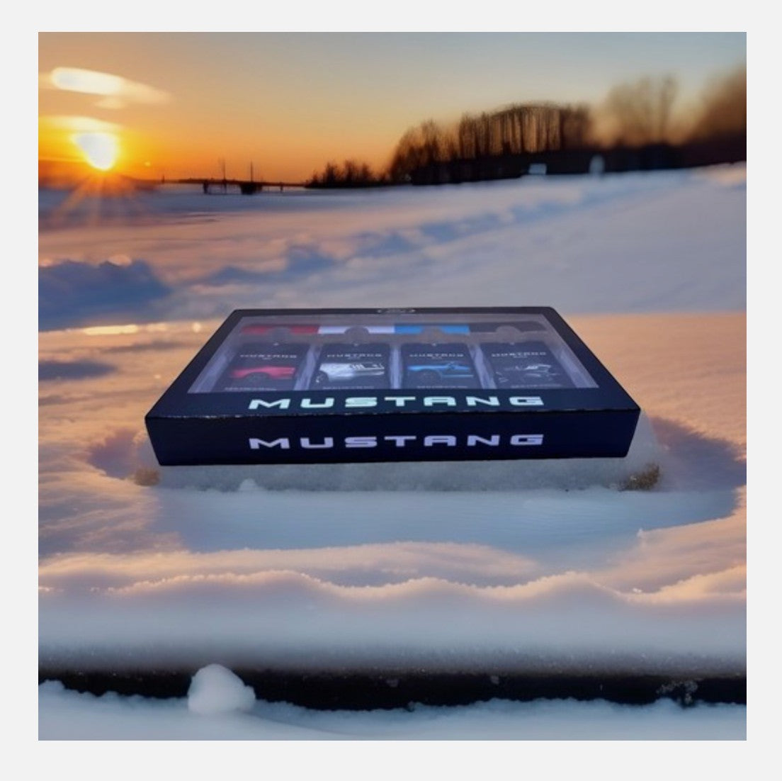 Paradime Enterprise LLC Mustang 4-piece fragrance gift set featuring red, white, blue, and black bottles in snow.