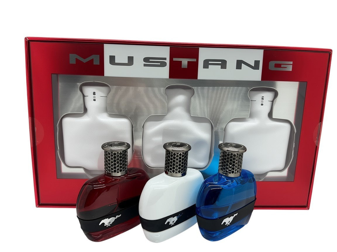 Paradime Enterprise LLC Mustang 3-piece fragrance gift set featuring red, white, and blue eau de toilette bottles.