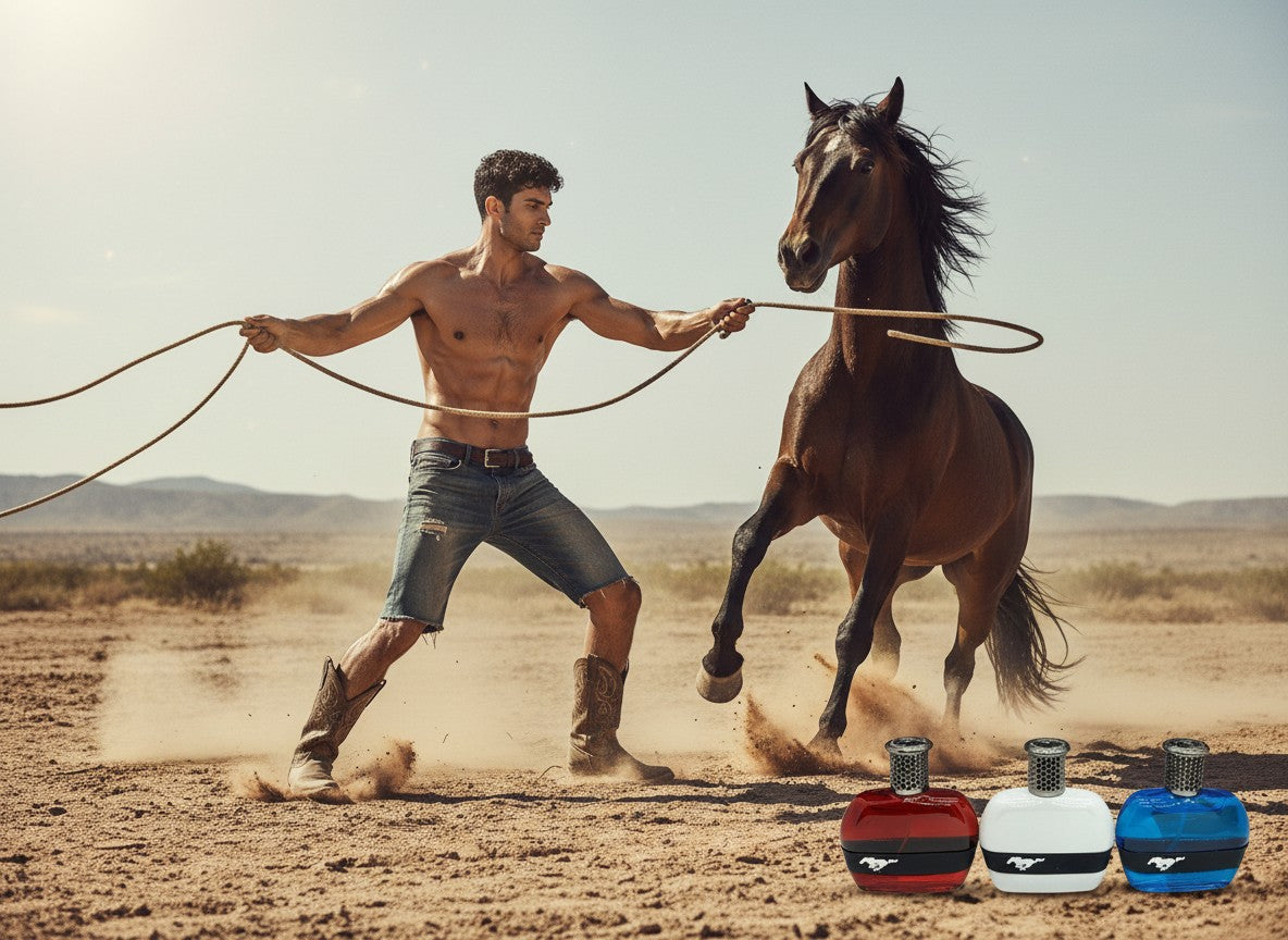 Paradime Enterprise LLC Mustang fragrance gift set with red, white, and blue EDT bottles beside a man training a horse