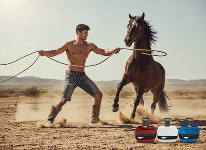 Paradime Enterprise LLC Mustang fragrance gift set with red, white, and blue EDT bottles beside a man training a horse