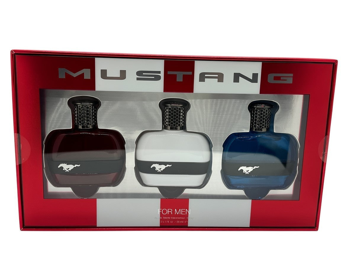 Paradime Enterprise LLC Mustang 3-piece men's fragrance gift set featuring red, white, and blue eau de toilette bottles