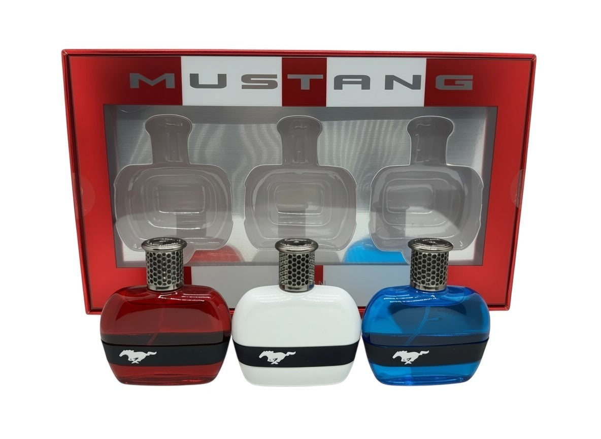 Paradime Enterprise LLC Mustang 3-piece fragrance gift set featuring red, white, and blue glass eau de toilette bottles