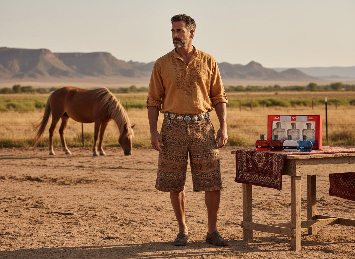 Paradime Enterprise LLC Mustang 3-piece fragrance gift set on a wooden table with a man in a desert landscape