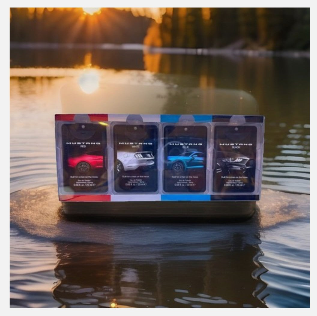 Paradime Enterprise LLC Mustang 4-piece fragrance gift set featuring red, white, blue, and black EDT spray bottles.