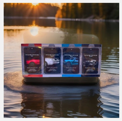 Paradime Enterprise LLC Mustang 4-piece fragrance gift set featuring red, white, blue, and black EDT spray bottles.