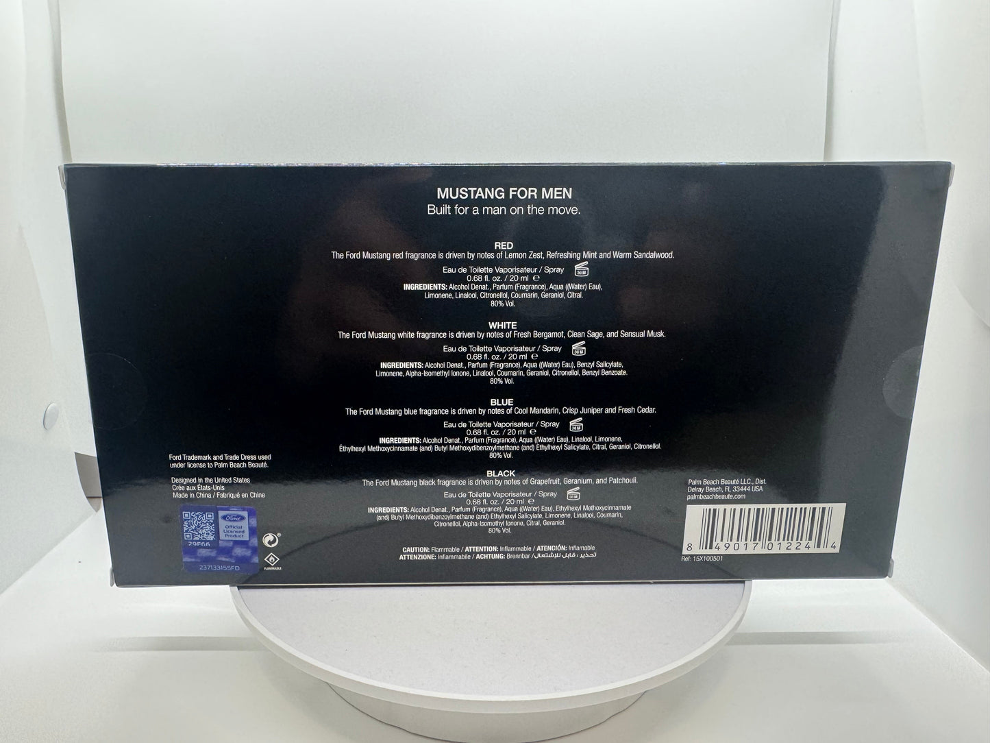Paradime Enterprise LLC Mustang 4-piece fragrance gift set box back view with product details and ingredient list