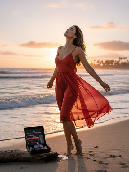 Paradime Enterprise LLC Mustang 60-Years gift set with fragrance and body wash on a beach at sunset with a woman