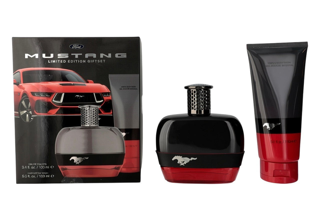 Paradime Enterprise LLC Mustang 60-Years gift set featuring a red and black cologne bottle and hair and body wash.
