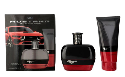 Paradime Enterprise LLC Mustang 60-Years gift set featuring a red and black cologne bottle and hair and body wash.