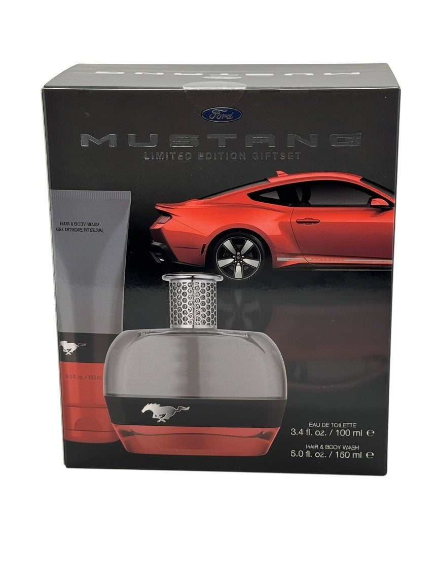 Paradime Enterprise LLC Mustang 60-Years gift set featuring a red sports car box, cologne bottle, and body wash.