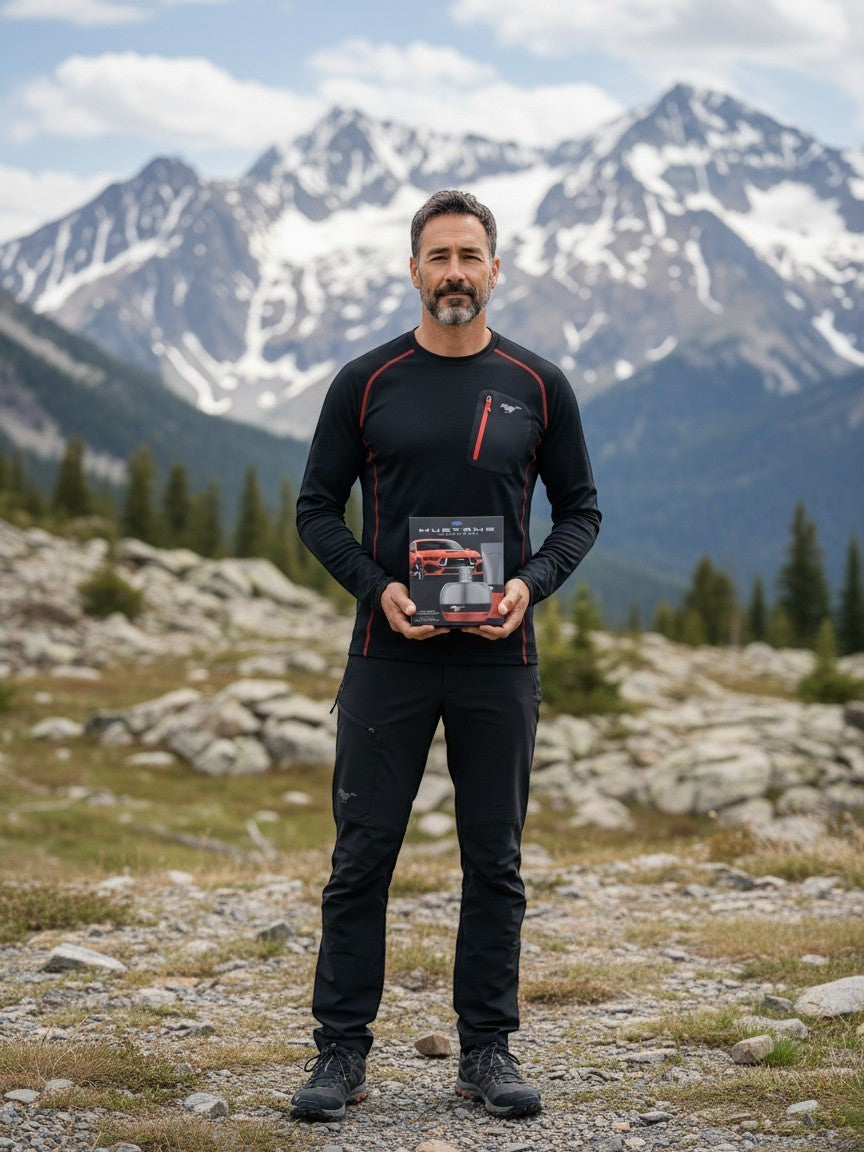 A man holding a Paradime Enterprise LLC Mustang 60-Years gift set in front of a scenic, snow-capped mountain landscape.