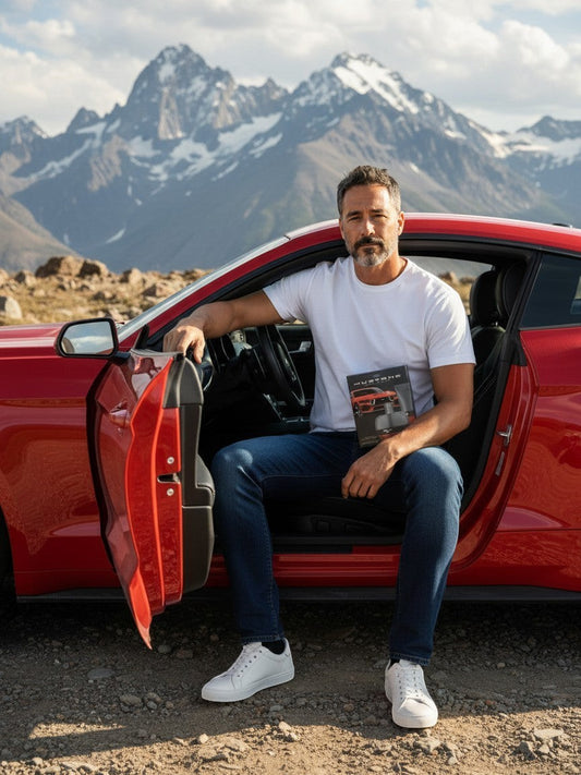 Paradime Enterprise LLC Mustang 60-Years gift set held by a man sitting in a red sports car before mountain peaks.