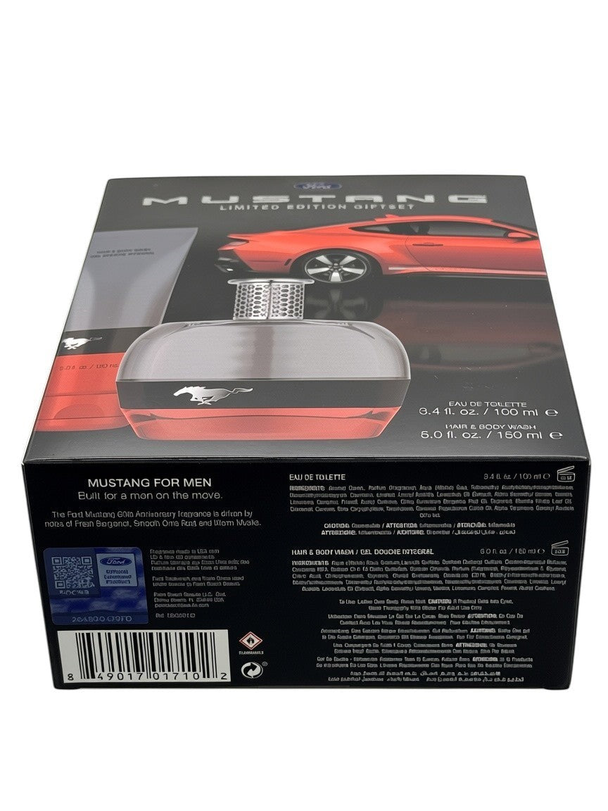 Paradime Enterprise LLC Mustang 60-Years gift set featuring a red fragrance bottle and body wash in branded packaging.