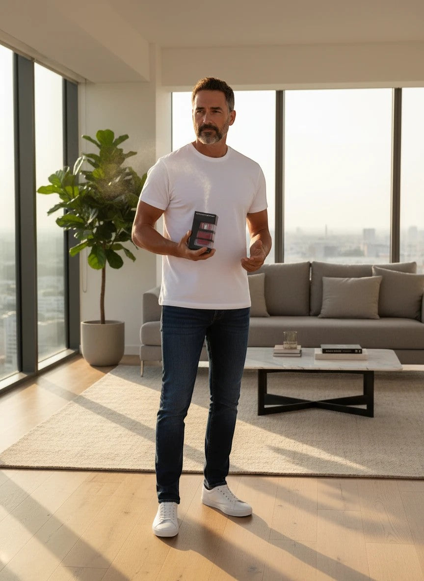 Paradime Enterprise LLC Mustang GT cologne bottle held by a man in a white t-shirt in a modern sunlit living room.
