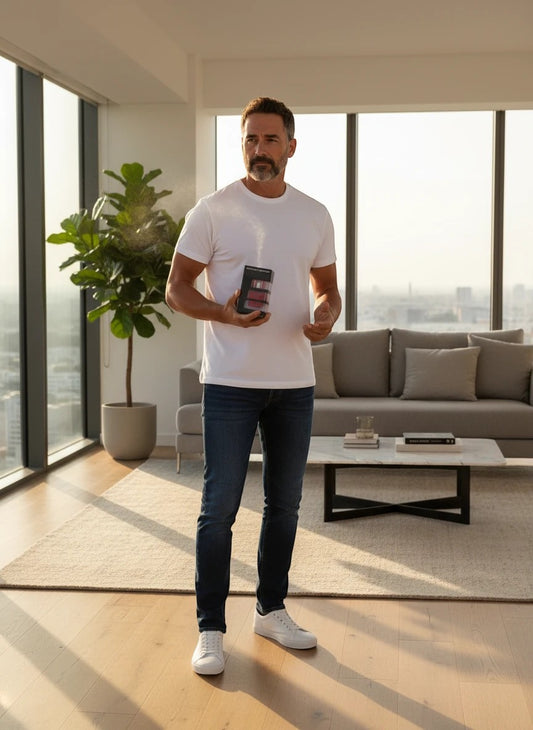 Paradime Enterprise LLC Mustang GT cologne bottle held by a man in a white t-shirt in a modern sunlit living room.