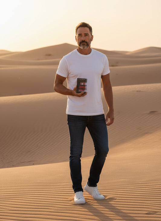 Paradime Enterprise LLC Mustang GT fragrance bottle held by a man in a white t-shirt standing in a desert landscape.