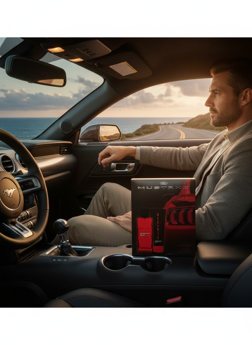 Paradime Enterprise LLC Mustang GT fragrance gift set with EDT and body wash inside a luxury car at sunset