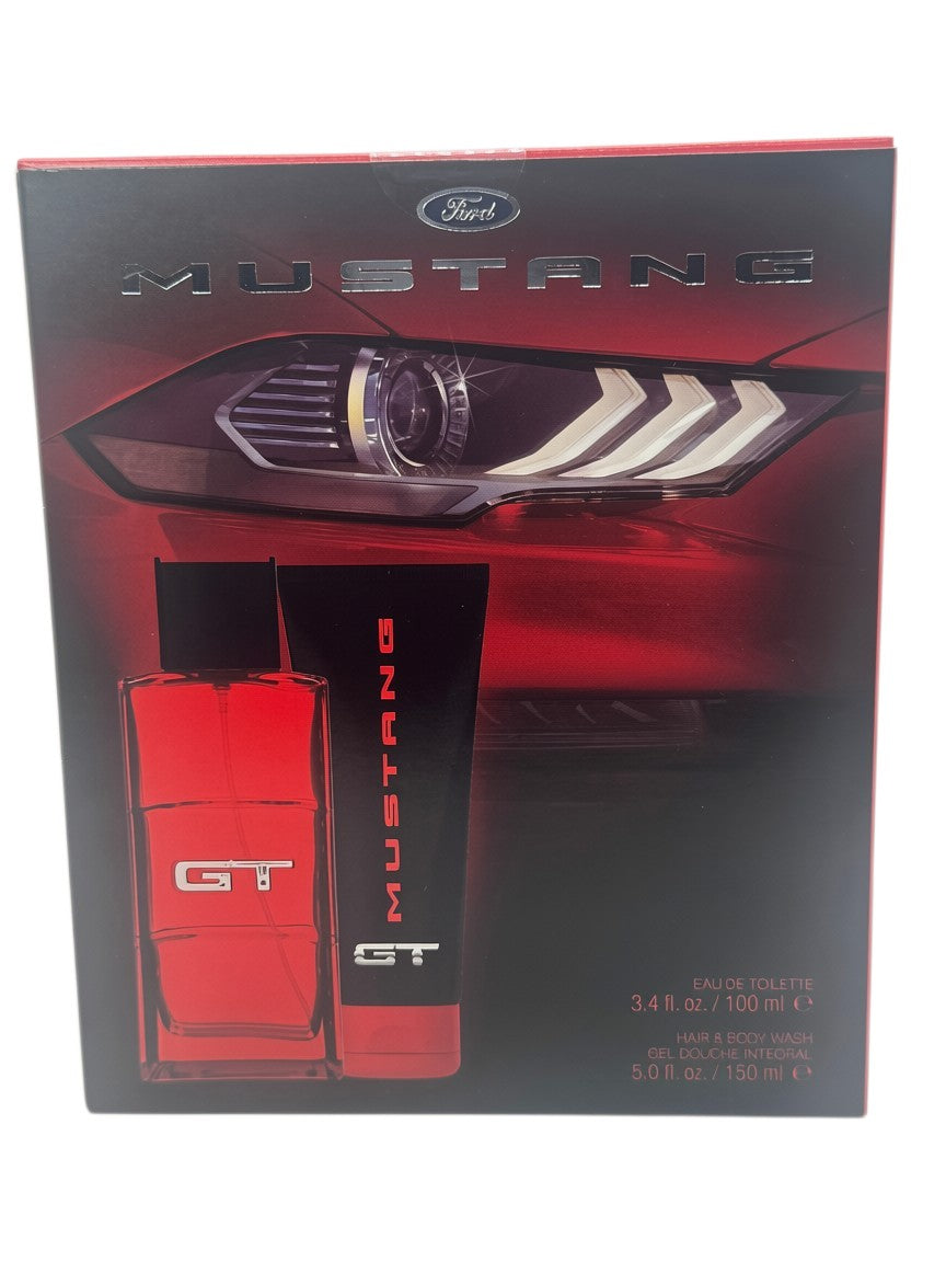 Paradime Enterprise LLC Mustang GT fragrance gift set featuring a red EDT bottle and hair and body wash in a box.