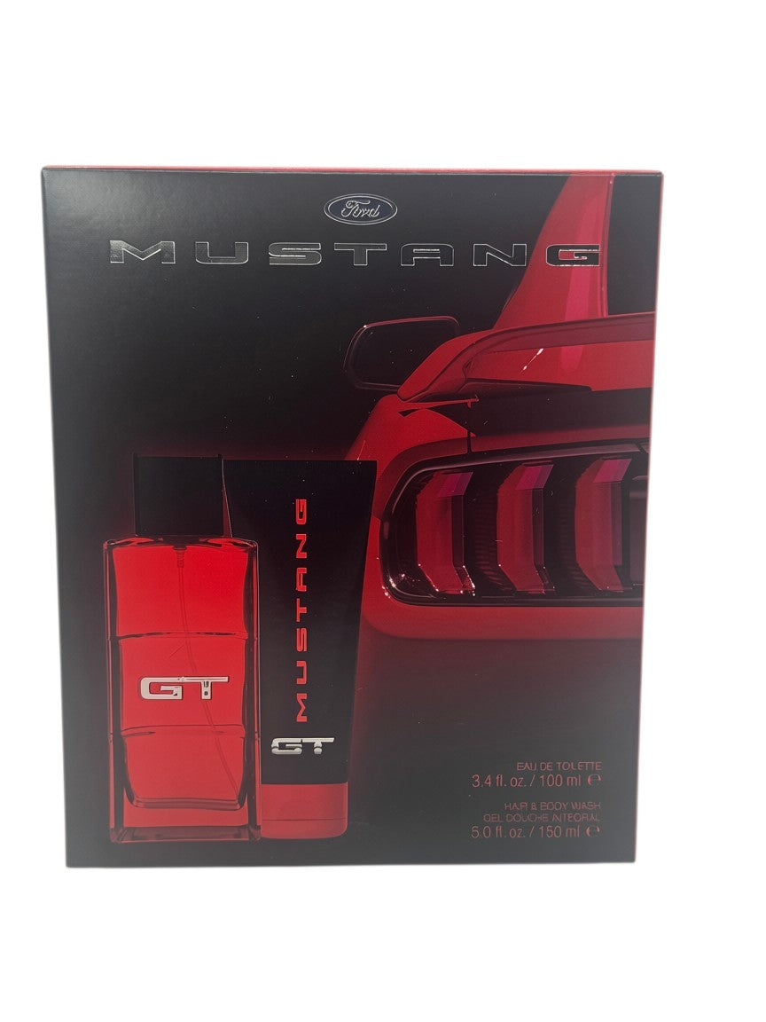 Paradime Enterprise LLC Mustang GT fragrance gift set featuring a red EDT bottle and hair and body wash in a box.