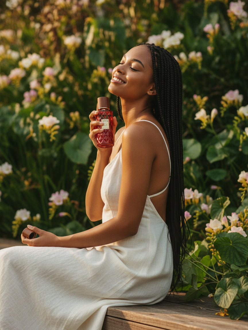 Paradime Enterprise LLC Indulgent Moments Nectarine & Blushing Freesia perfume held by a woman in a garden setting.