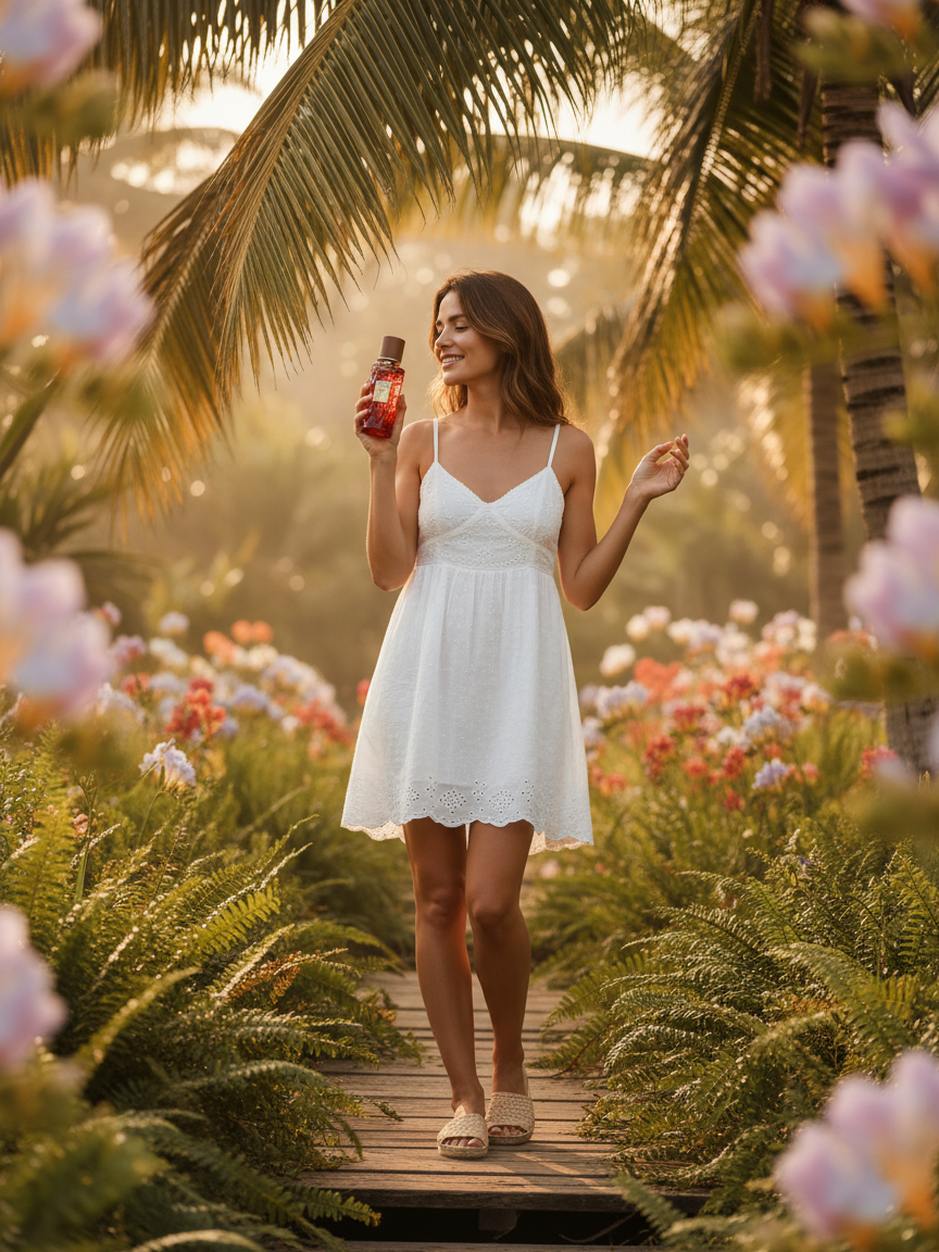Paradime Enterprise LLC Indulgent Moments Nectarine & Blushing Freesia perfume held by a woman in a white dress outdoors.