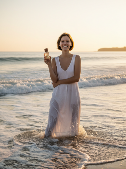Paradime Enterprise LLC Indulgent Moments Neroli and Sea Salt perfume held by a woman in a white dress at the beach.