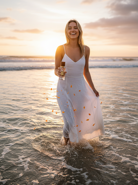 Paradime Enterprise LLC Indulgent Moments Neroli and Sea Salt perfume held by a woman in a white dress at sunset beach
