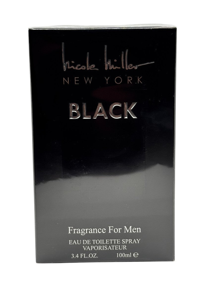 Paradime Enterprise LLC Nicole Miller Black 3.4 oz EDT spray for men in a sleek black box with silver lettering.