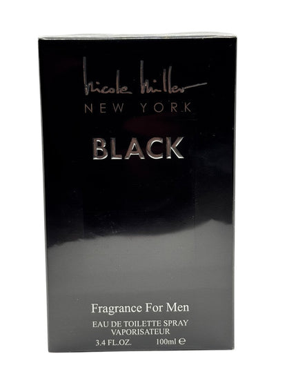 Paradime Enterprise LLC Nicole Miller Black 3.4 oz EDT spray for men in a sleek black box with silver lettering.