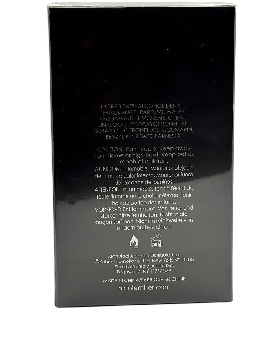 Paradime Enterprise LLC Nicole Miller Black men's fragrance box back view with ingredient and safety information.