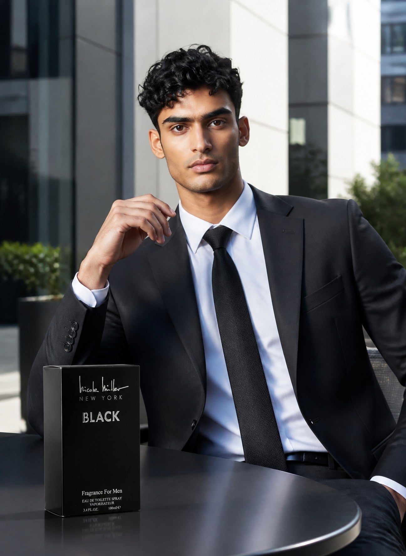 Paradime Enterprise LLC Nicole Miller Black EDT spray for men next to a man in a formal black suit and tie