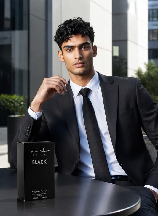 Paradime Enterprise LLC Nicole Miller Black EDT spray for men next to a man in a formal black suit and tie