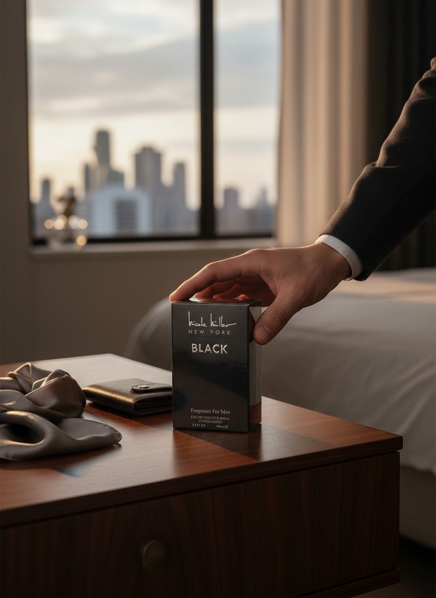 Paradime Enterprise LLC Nicole Miller Black men's EDT spray box held by a man in a suit in a luxury hotel room