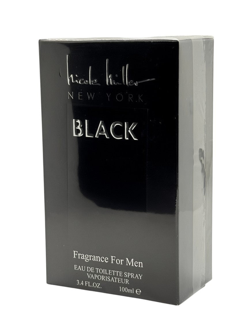 Paradime Enterprise LLC Nicole Miller Black 3.4 oz EDT spray for men in a sleek black box with silver lettering.