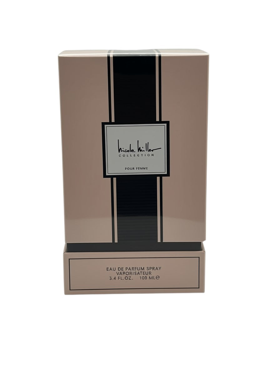 Paradime Enterprise LLC Nicole Miller Collection Pour Femme Eau De Parfum spray in a beige and black box.
